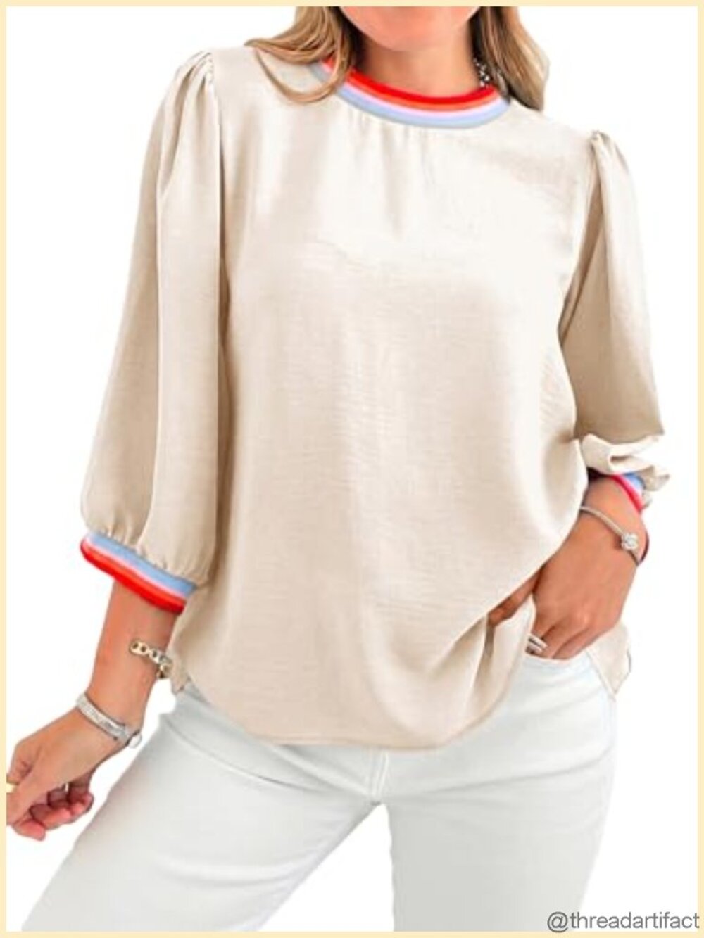 Womens 3/4 Sleeve Puff Tunic Top Casual Loose Fit Crew Neck Blouse